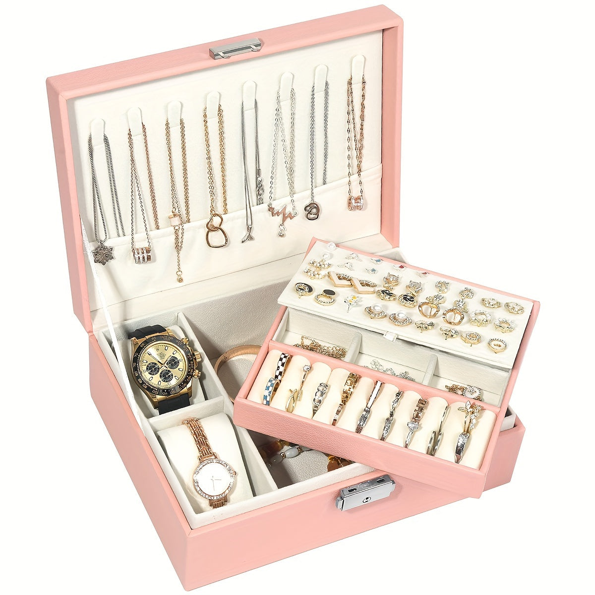 PU Leather Double-layer Jewelry Box, For Earrings, Bracelets, Rings, And Necklaces, Perfect Gift