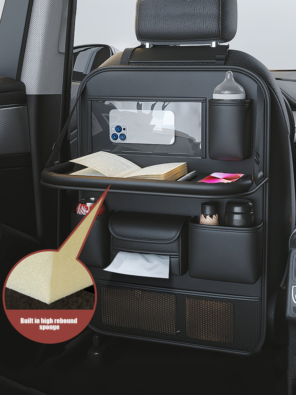 PU Leather Car Seat Back Hanging Storage Bag, Car Storage Bag With Folding Table, Multi-functional Storage Bag, Car Accessories