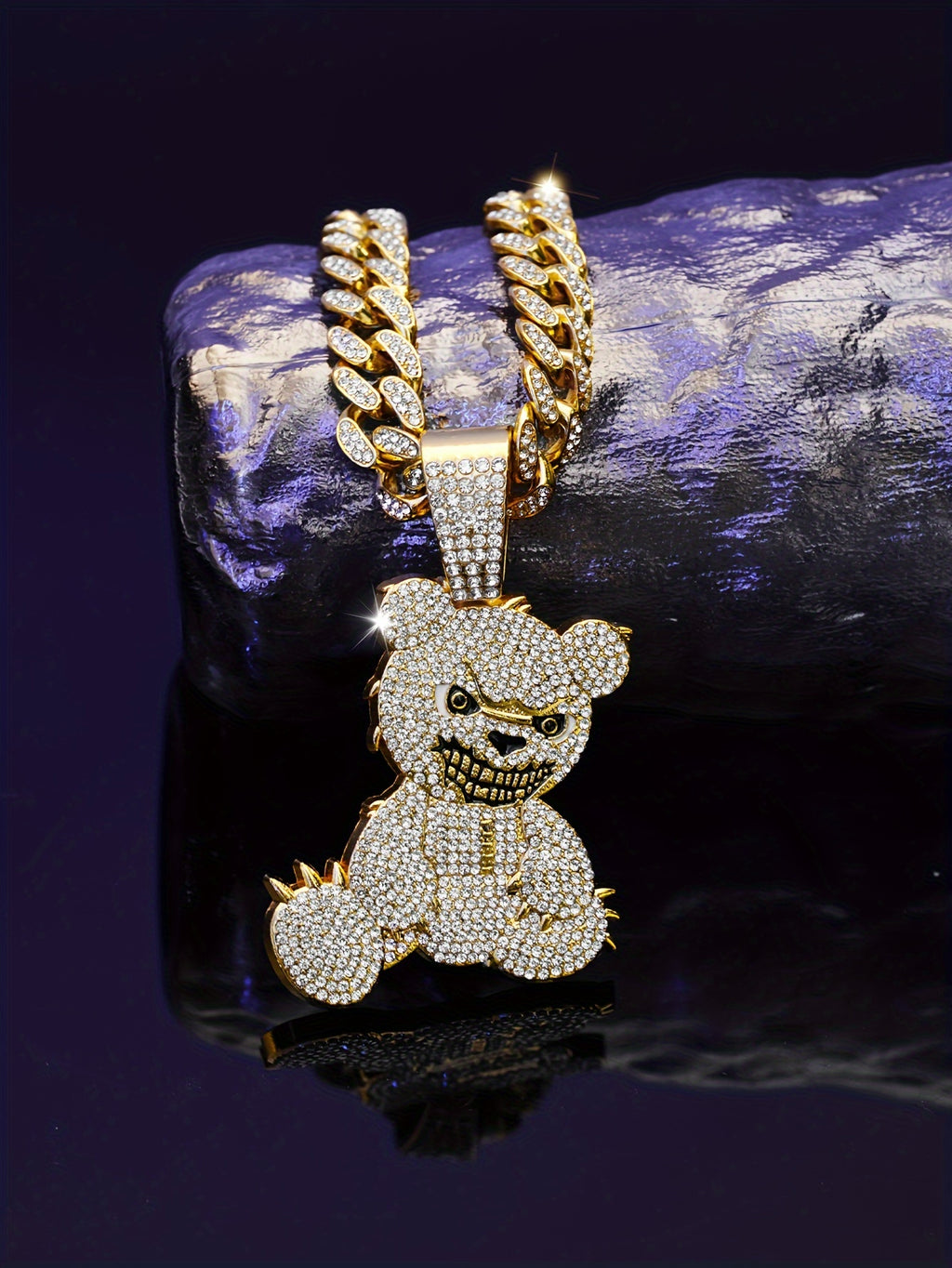 Men's Fashion Beast Bear Pendant Necklace with Rhinestone Studded Cuban Chain - Hip Hop Street Style Jewelry for Party, Festival Wear, Unisex Gift Idea (Includes 1 Pendant)