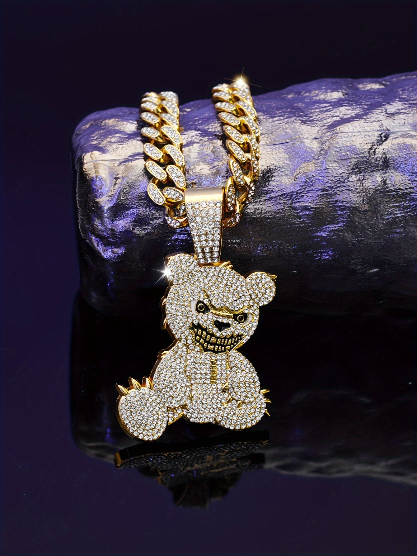 Men's Fashion Beast Bear Pendant Necklace with Rhinestone Studded Cuban Chain - Hip Hop Street Style Jewelry for Party, Festival Wear, Unisex Gift Idea (Includes 1 Pendant)