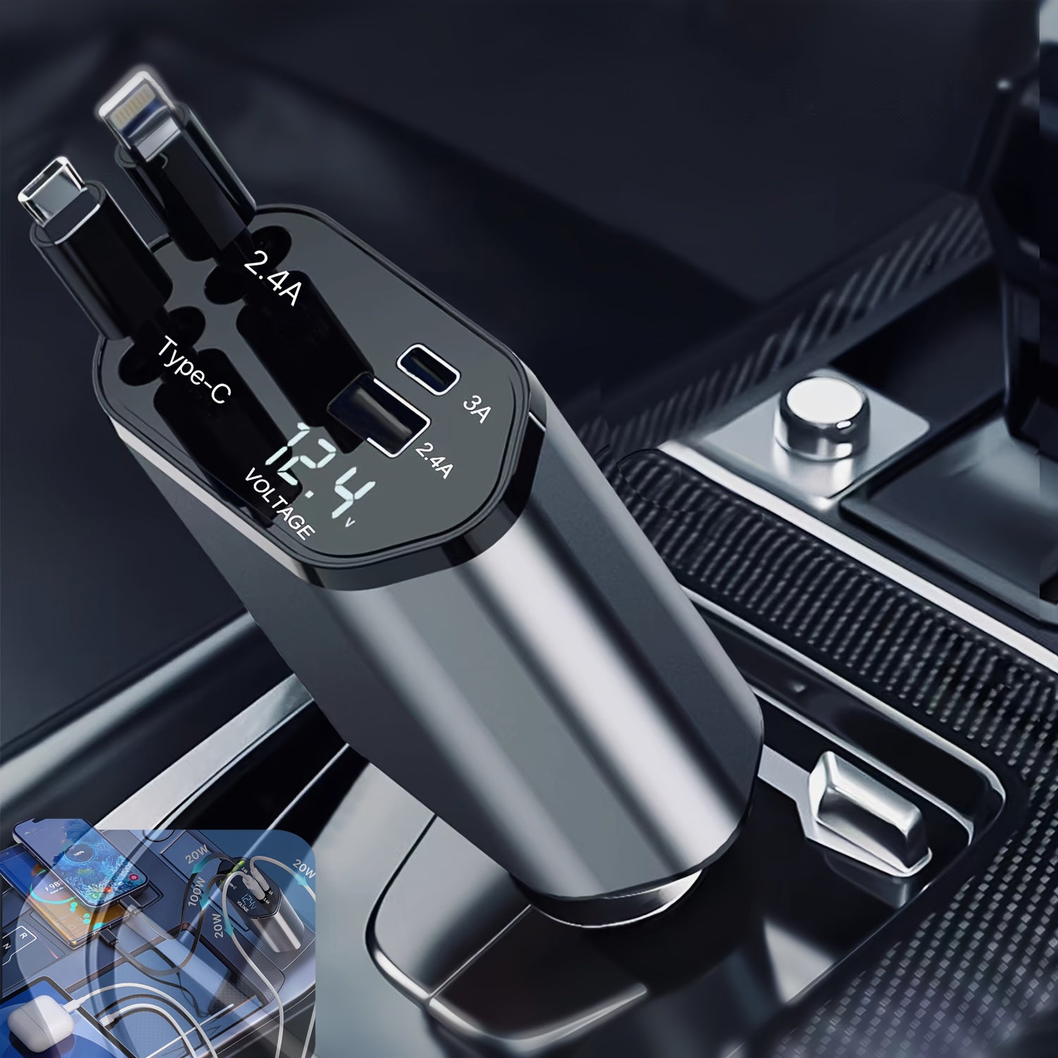 4-In-1 Fast Charging Car Charger Compatible With 120W, Retractable, 180° Free Direction, 79.25cm Retractable Cable & Usb C Port, For Ios & Typec Car Accessories, Including For Iphone 15 14 13 12 11 Pro Max, Galaxy S23, Pixel