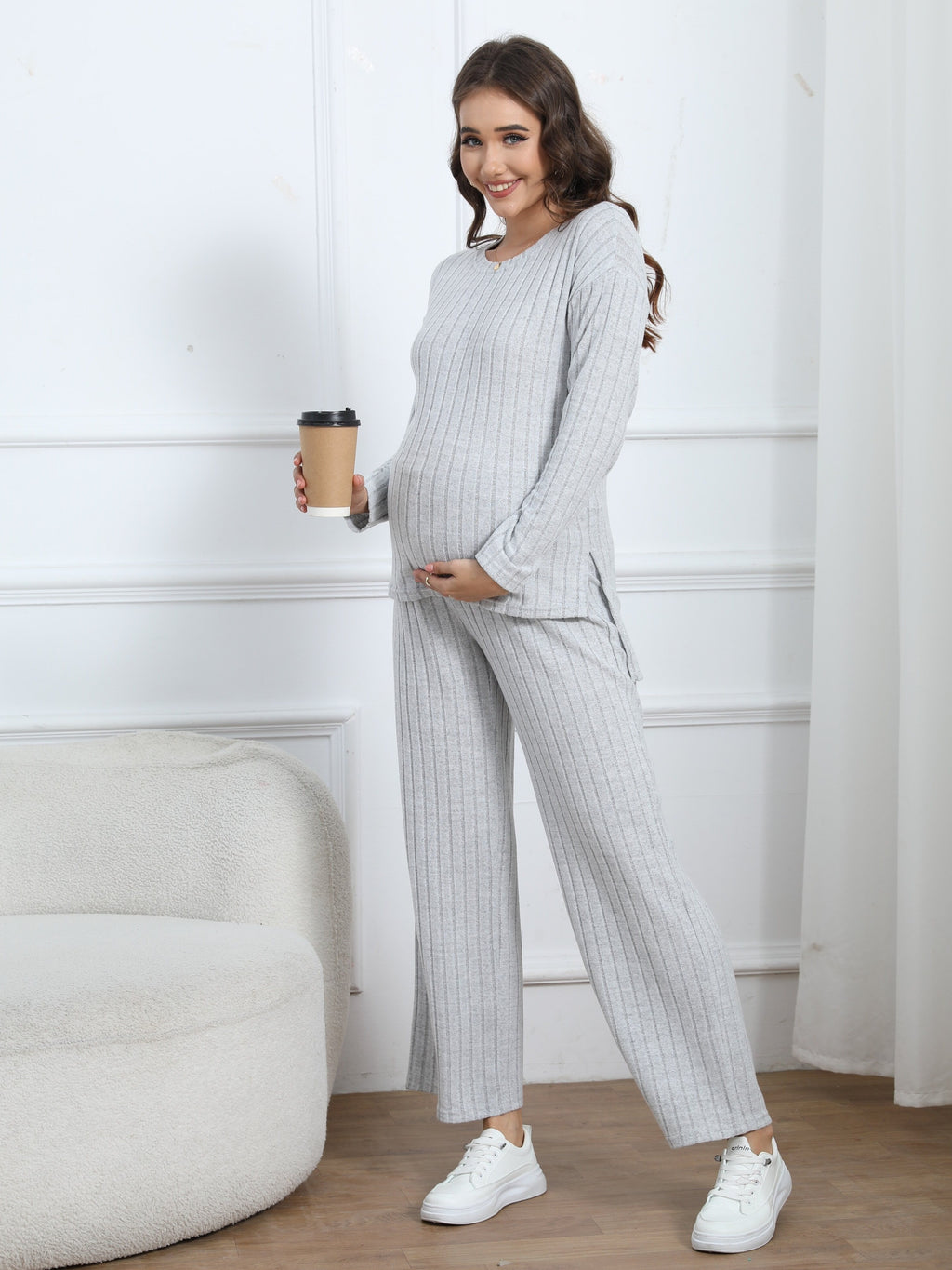 Women's Maternity Solid Textured T-shirt & Pants Set Fall Winter, Pregnant Women's Clothing