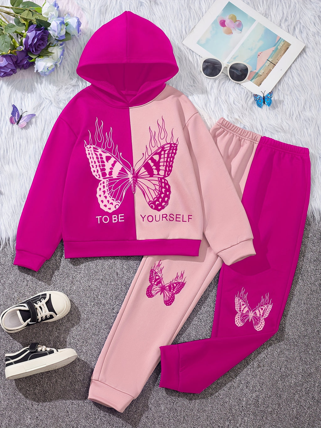 Girl's Butterfly Pattern Outfit 2pcs, Hoodie & Sweatpants Set, TO BE YOURSELF Print Kid's Color Clash Clothes For Spring Fall outdoors