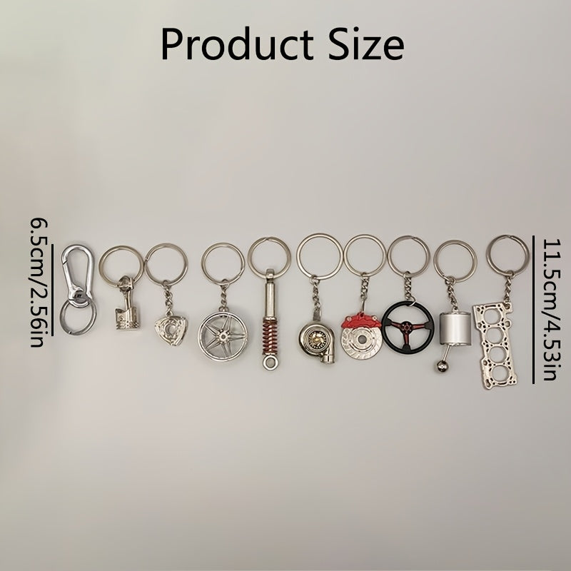 10pcs Car Enthusiast Keychain Set - Zinc Alloy, Casual Style with Gear Shift, Turbo, Wheel Hubs & More - Perfect Gift for Auto Lovers, Car Accessories, Shock Absorber, Engine Parts, Brake Disc, Piston