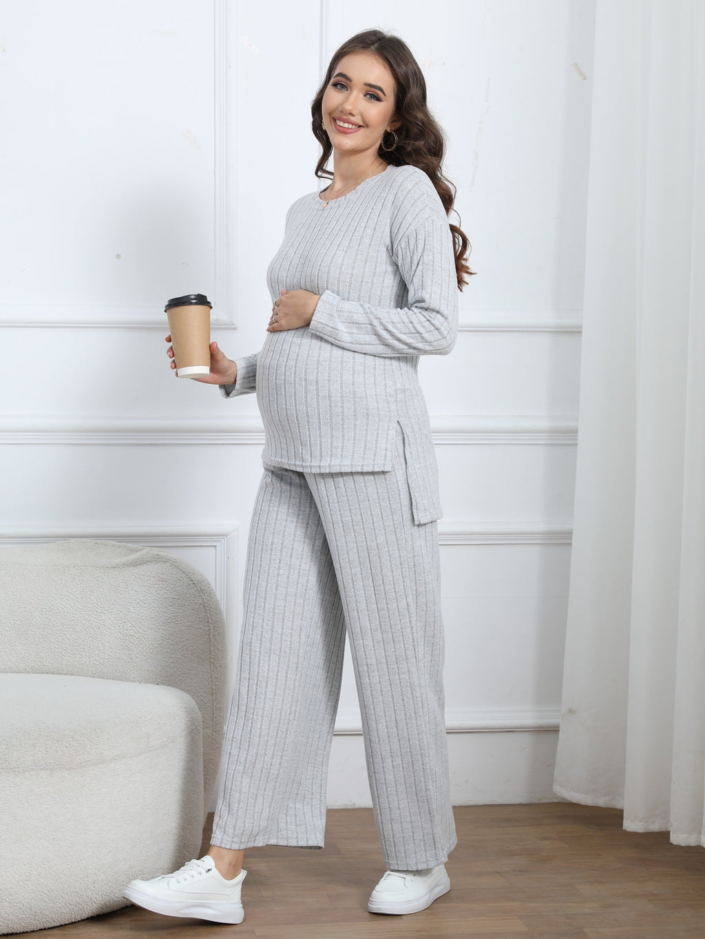 Women's Maternity Solid Textured T-shirt & Pants Set Fall Winter, Pregnant Women's Clothing