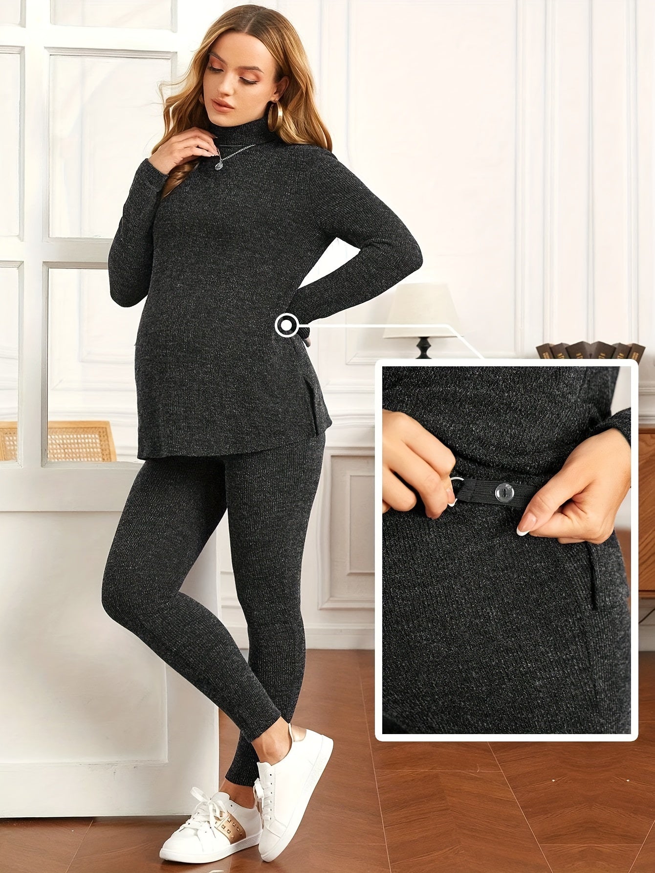Women's Maternity Solid Textured Turtleneck Tee & Leggings Set, Fashion 2Pcs Outfits, Pregnant Women's Clothing