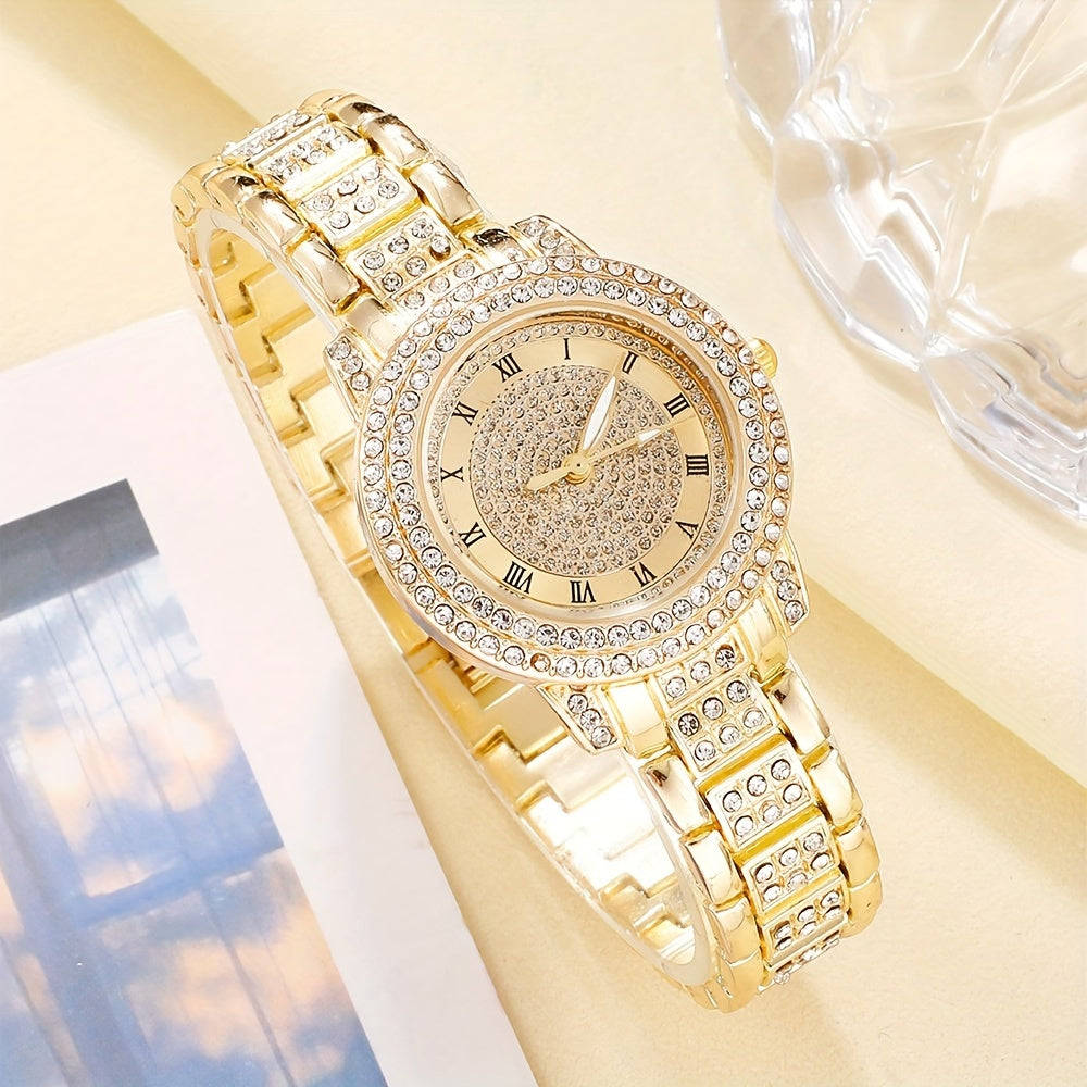 Glamorous 6pcs Women's Quartz Watch & Jewelry Set - Luxury Rhinestone, Square Sparkling Design - Perfect for Valentine's, Easter, Mother's Day Gifts