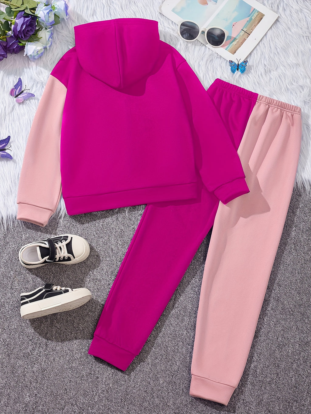Girl's Butterfly Pattern Outfit 2pcs, Hoodie & Sweatpants Set, TO BE YOURSELF Print Kid's Color Clash Clothes For Spring Fall outdoors