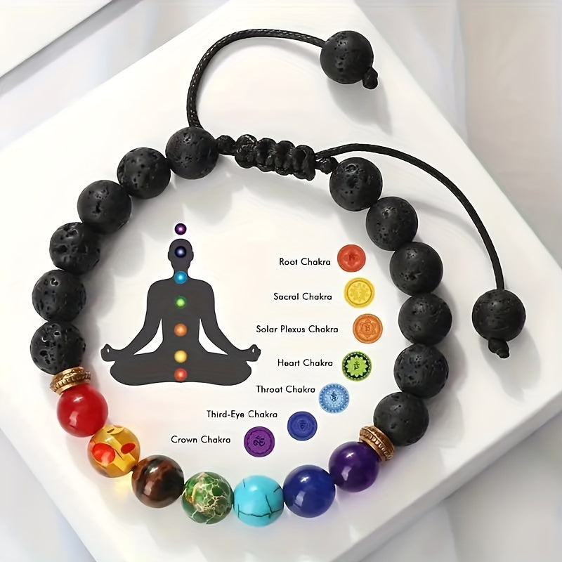 [Customer Favorite] Adjustable 7 Chakras Healing Bracelet - Stretchable Lava Rock for Balance & Meditation, Fashionable Jewelry