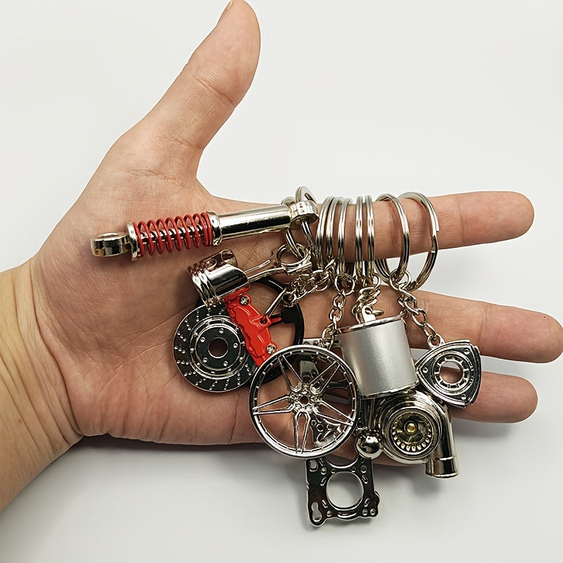10pcs Car Enthusiast Keychain Set - Zinc Alloy, Casual Style with Gear Shift, Turbo, Wheel Hubs & More - Perfect Gift for Auto Lovers, Car Accessories, Shock Absorber, Engine Parts, Brake Disc, Piston