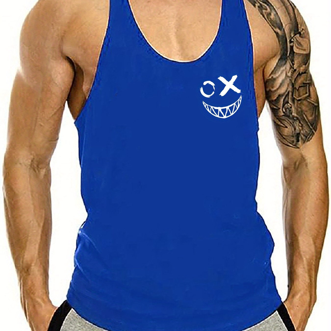 Creative Smile Face Print Men's Quick Dry Moisture-Wicking Breathable Racerback Tops Athletic Gym Bodybuilding Muscle Men Sports Sleeveless Vest For Workout Running Training Men's Clothes
