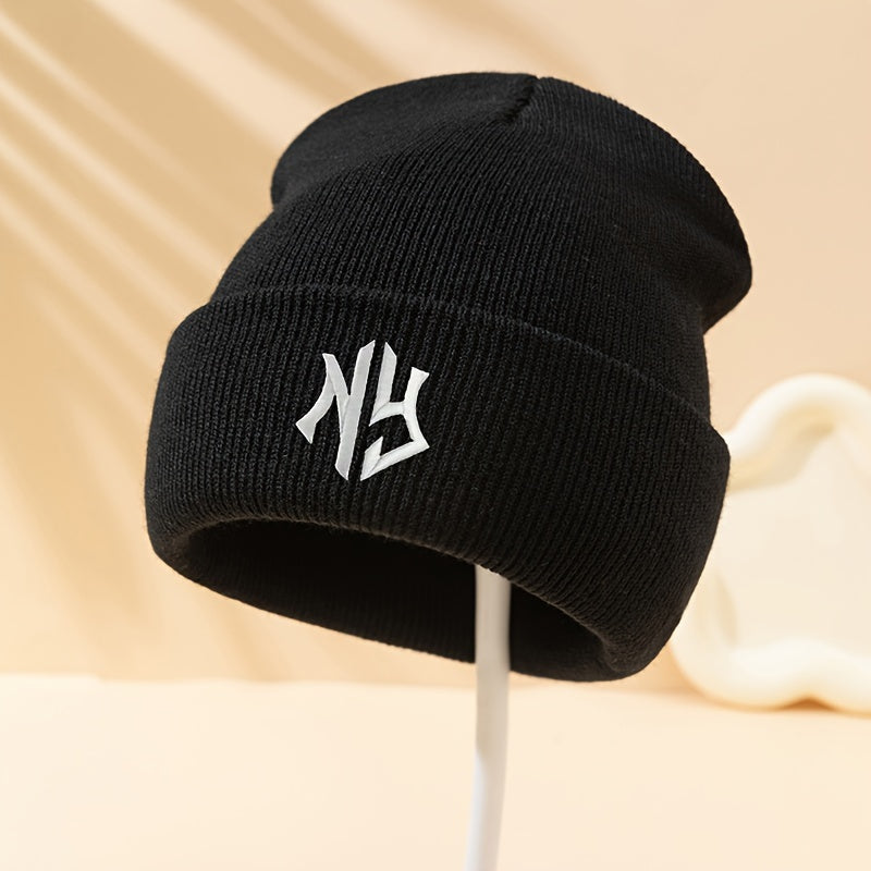NY Embroidered Black Knit Beanie - 100% Acrylic, Warm & Cozy Skull Cap for Winter Outdoor Activities like Cycling & Skiing, Casual Style, Winter Clothes