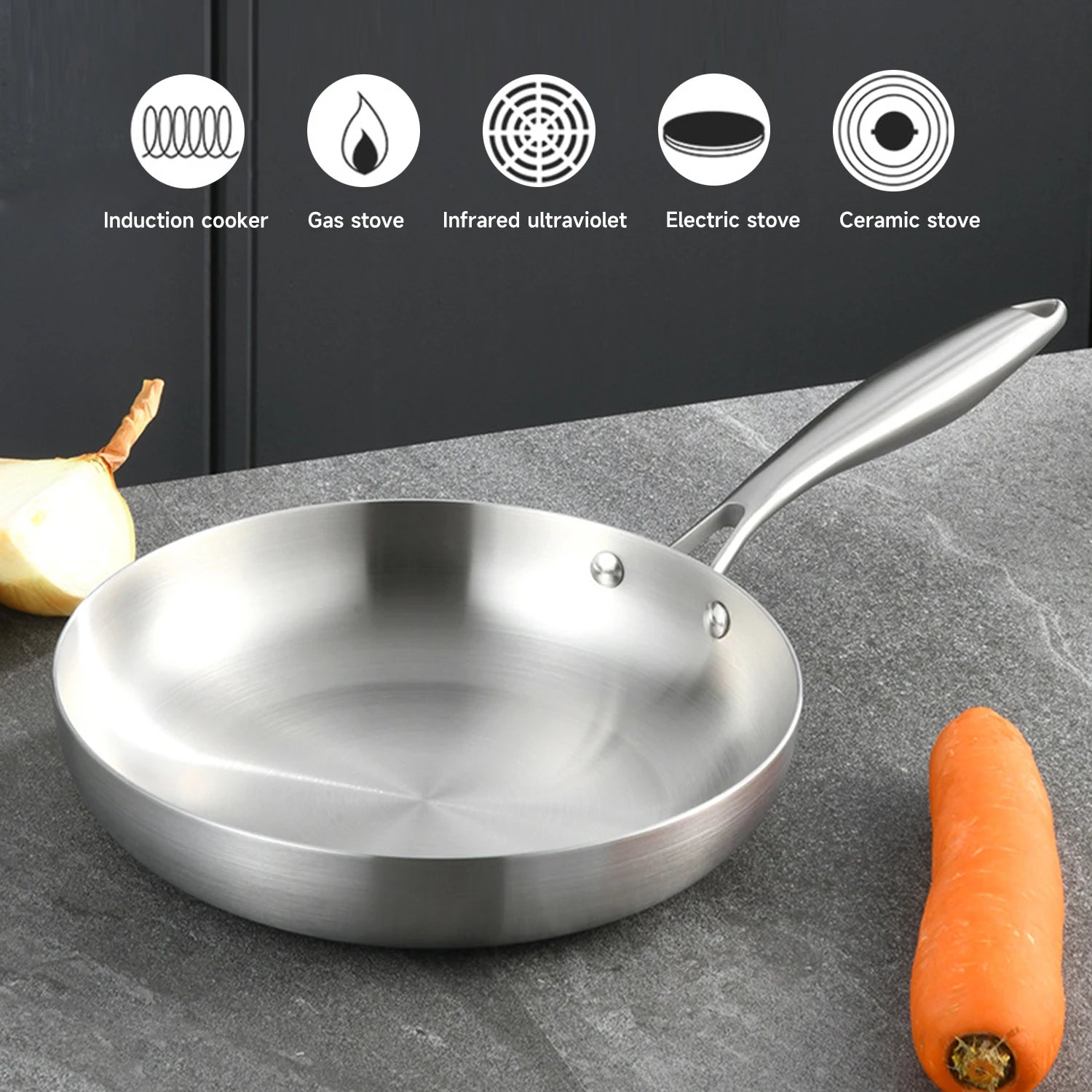 Sartén de acero inoxidable 304, sartén antiadherente, olla para carne frita, utensilios de cocina sin recubrimiento para estufa de Gas y cocina de inducción