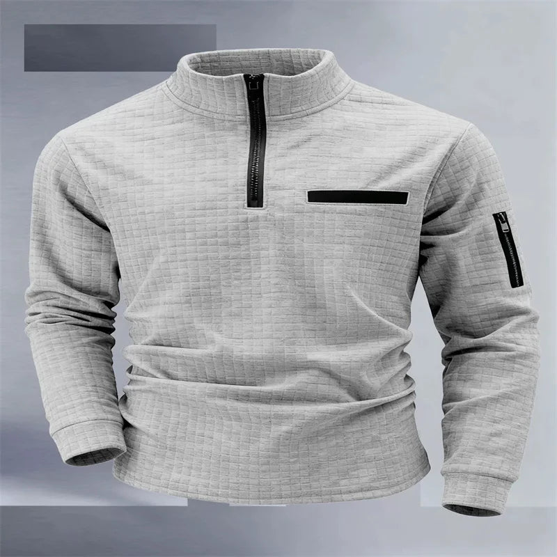 Camisa de golf para hombre para primavera y otoño: polo deportivo elegante de manga larga con cuello alto, cuadros, bolsillos de manga, cremallera