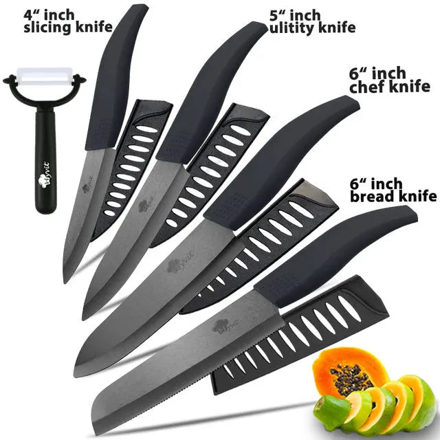 Juego de cuchillos de cerámica para cocina, pelador de frutas multiusos de 3, 4, 5 y 6 pulgadas con funda, hoja negra, cuchillo de Chef de pan