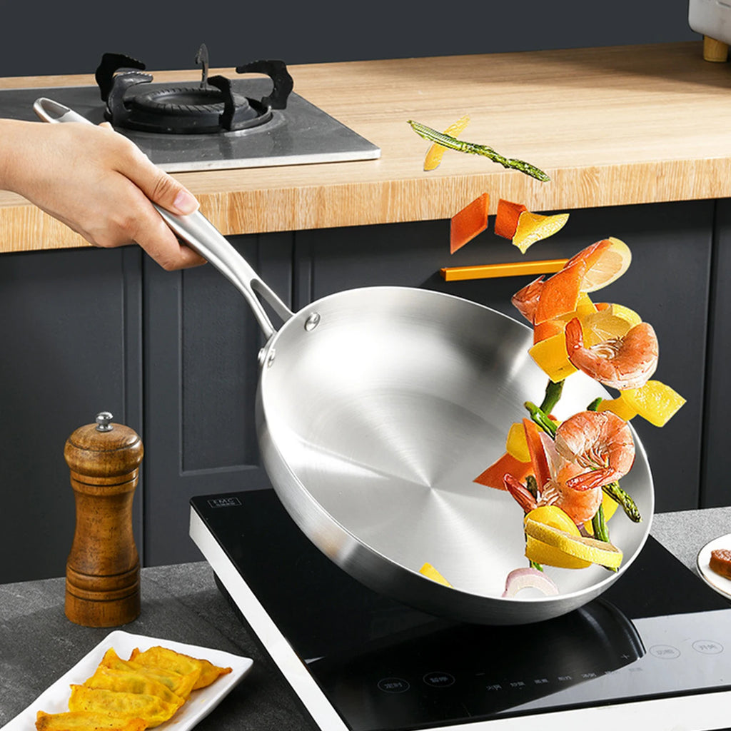 Sartén de acero inoxidable 304, sartén antiadherente, olla para carne frita, utensilios de cocina sin recubrimiento para estufa de Gas y cocina de inducción