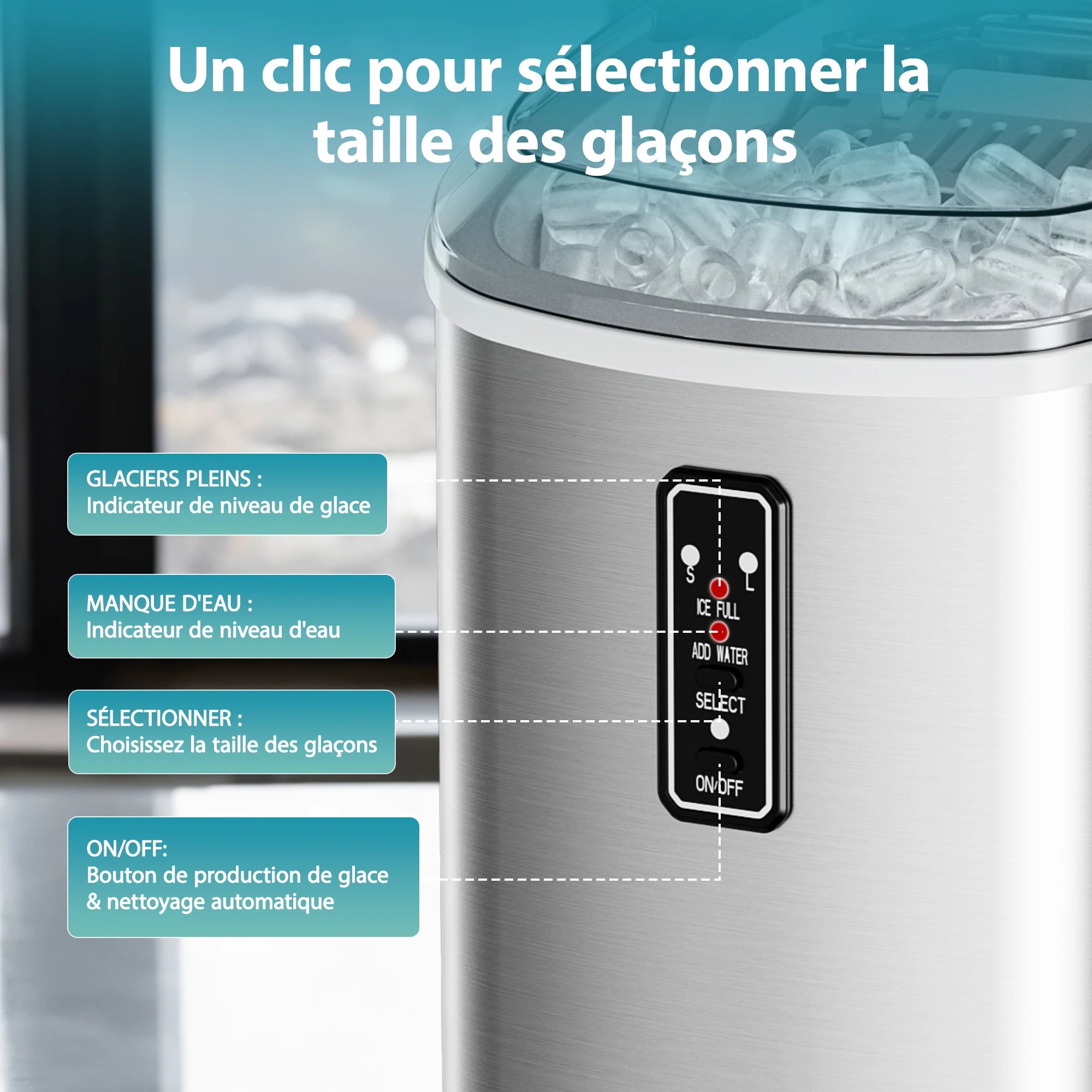 Máquina de cubitos de hielo pequeña, negra, 9 dados/6 Min, 12kg/24H, 2 tamaños, autolimpiante y portátil para cocina/hogar