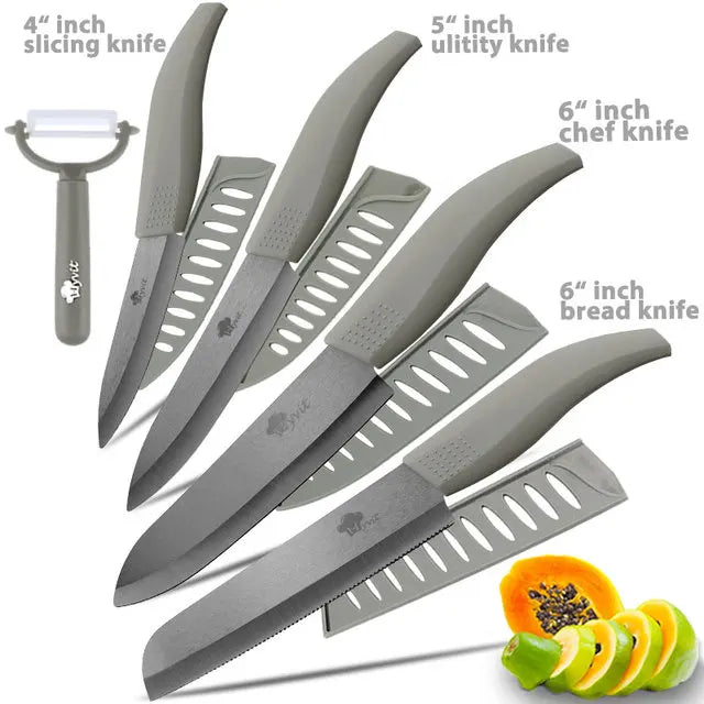 Juego de cuchillos de cerámica para cocina, pelador de frutas multiusos de 3, 4, 5 y 6 pulgadas con funda, hoja negra, cuchillo de Chef de pan