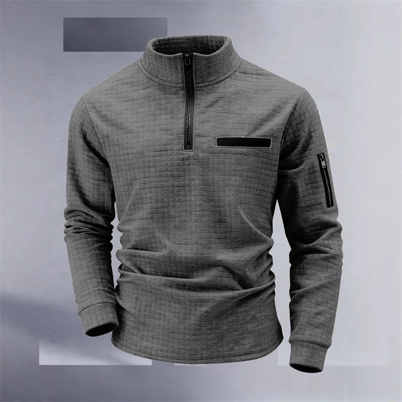 Camisa de golf para hombre para primavera y otoño: polo deportivo elegante de manga larga con cuello alto, cuadros, bolsillos de manga, cremallera