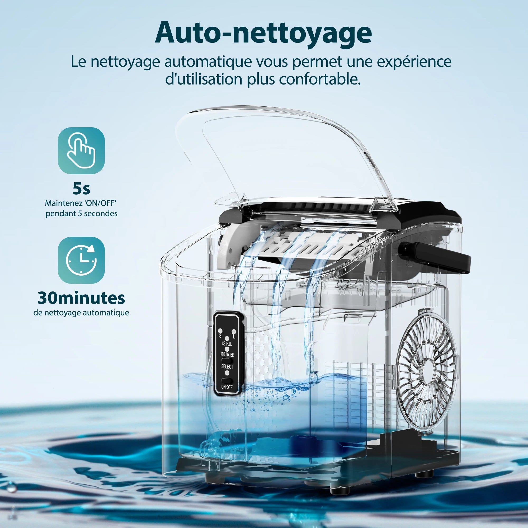 Máquina de cubitos de hielo pequeña, negra, 9 dados/6 Min, 12kg/24H, 2 tamaños, autolimpiante y portátil para cocina/hogar