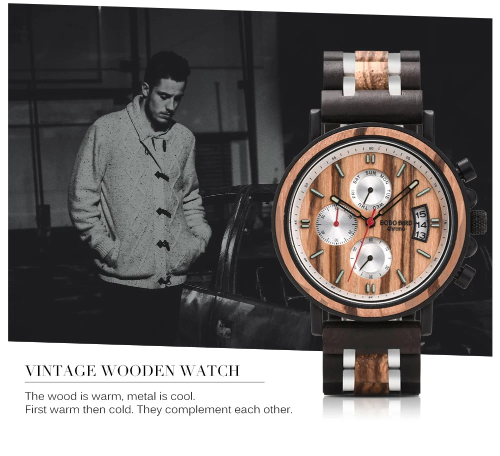 Reloj Masculino BOBO BIRD de madera para hombre, relojes militares con cronógrafo elegante de lujo de marca superior en caja de madera, reloj para hombre