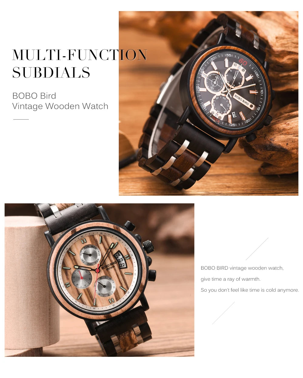 Reloj Masculino BOBO BIRD de madera para hombre, relojes militares con cronógrafo elegante de lujo de marca superior en caja de madera, reloj para hombre