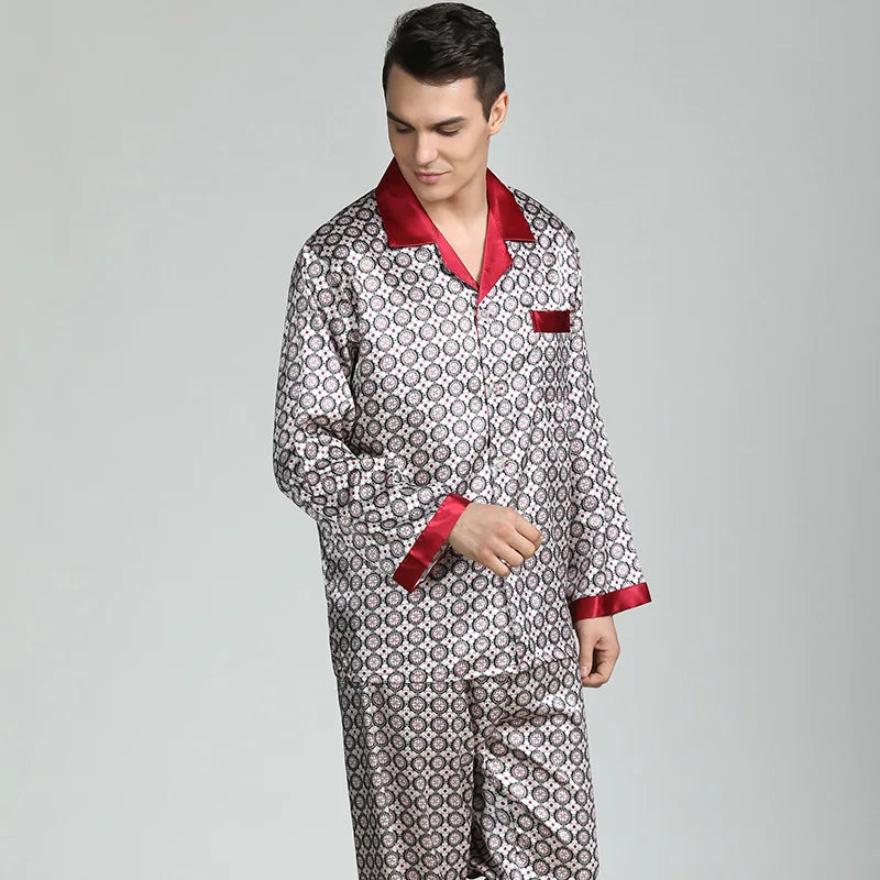 Conjunto de pijama informal para hombre, ropa de dormir con camisa y pantalones de satén de seda sintética, suave, lencería íntima, 2 uds.