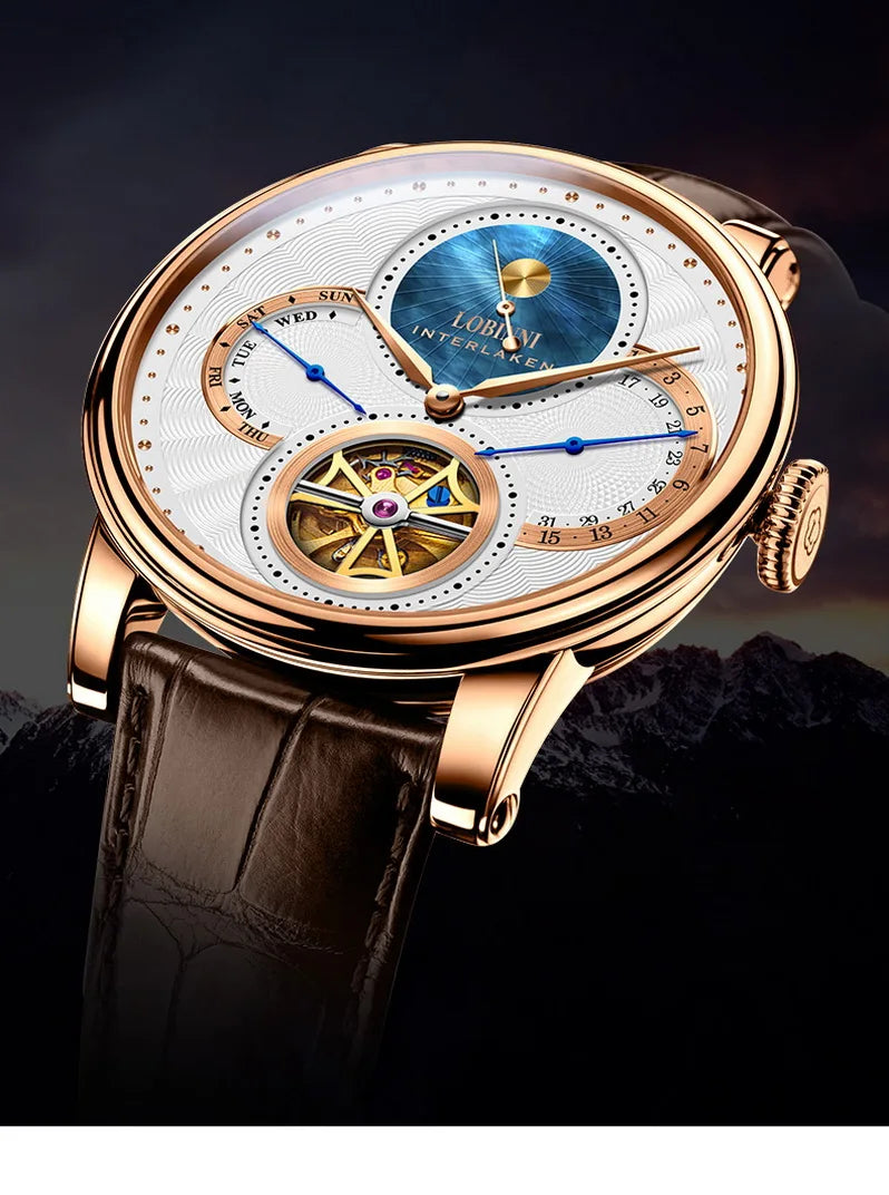 LOBINNI, relojes automáticos para hombre, reloj de lujo para hombre, relojes de pulsera mecánicos con esqueleto, reloj suizo con espejo de zafiro resistente al agua