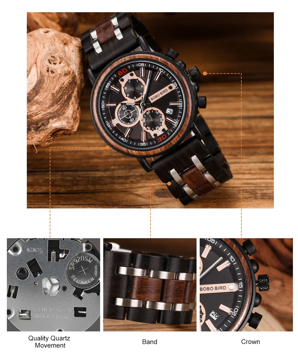 Reloj Masculino BOBO BIRD de madera para hombre, relojes militares con cronógrafo elegante de lujo de marca superior en caja de madera, reloj para hombre