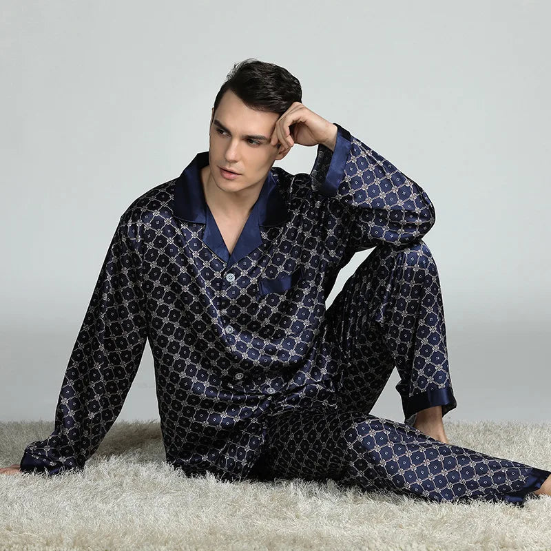 Conjunto de pijama informal para hombre, ropa de dormir con camisa y pantalones de satén de seda sintética, suave, lencería íntima, 2 uds.