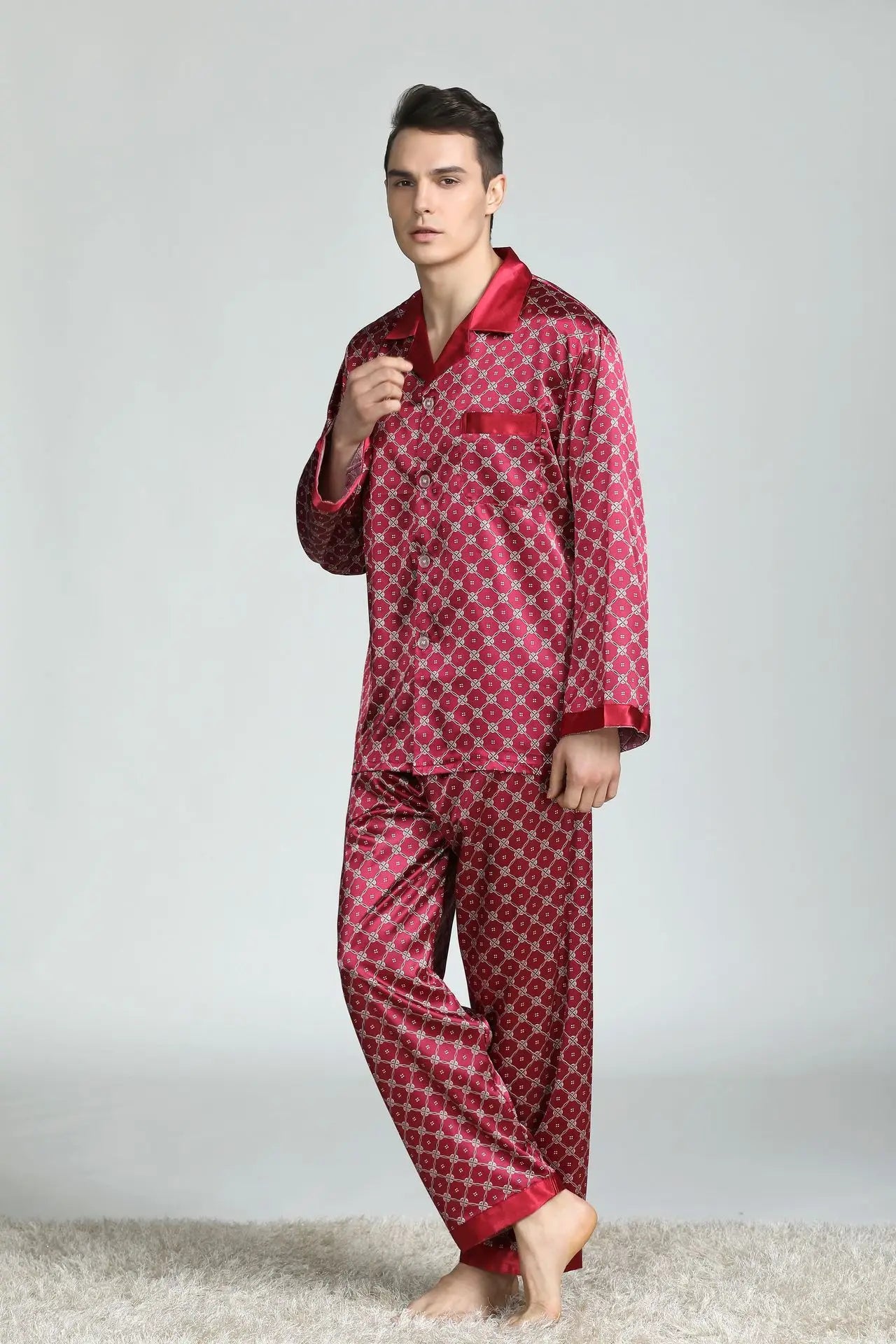 Conjunto de pijama informal para hombre, ropa de dormir con camisa y pantalones de satén de seda sintética, suave, lencería íntima, 2 uds.
