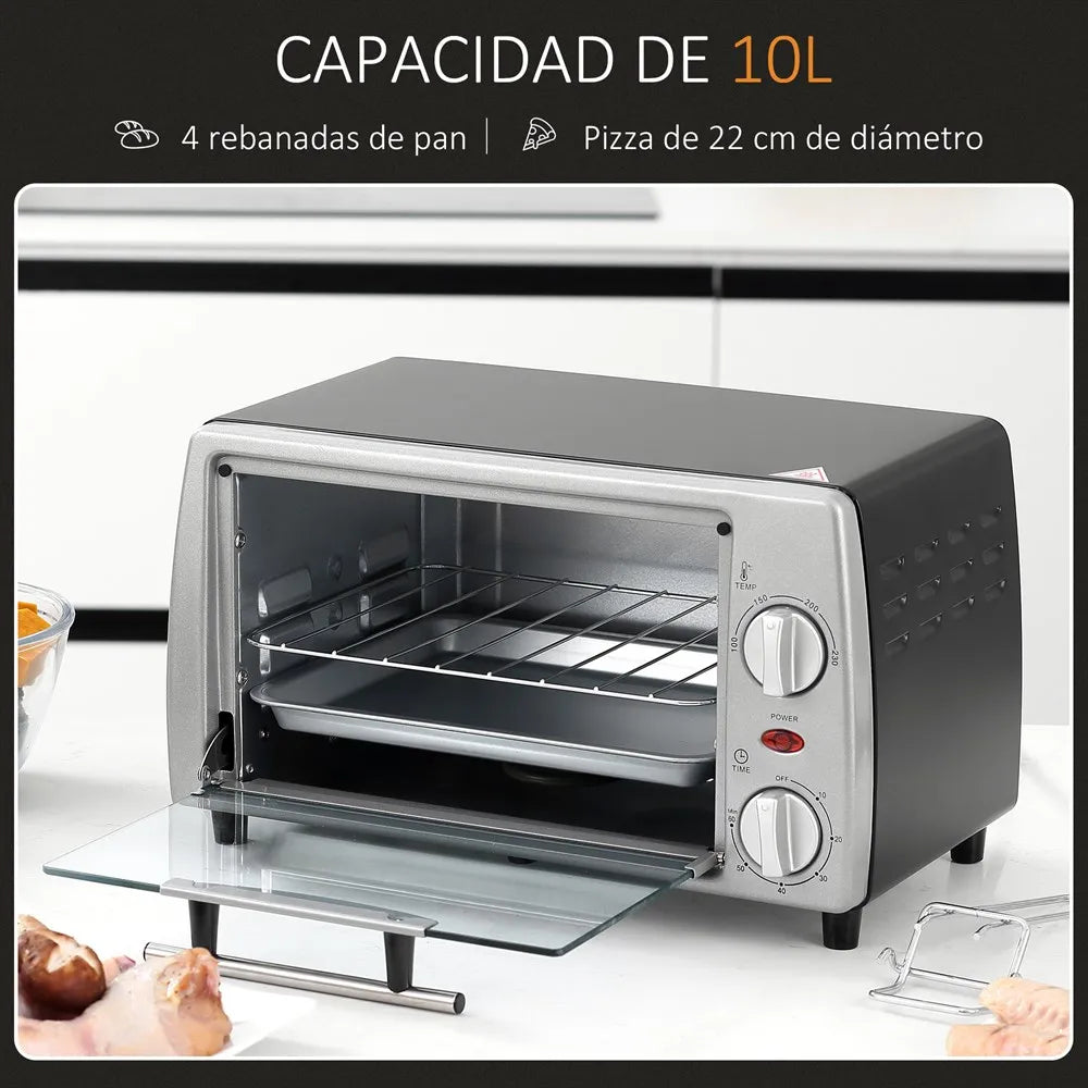 HOMCOM Horno Eléctrico Sobremesa 10 L 750W Temperatura 230 ℃ 36,5x26x22 cm Plata