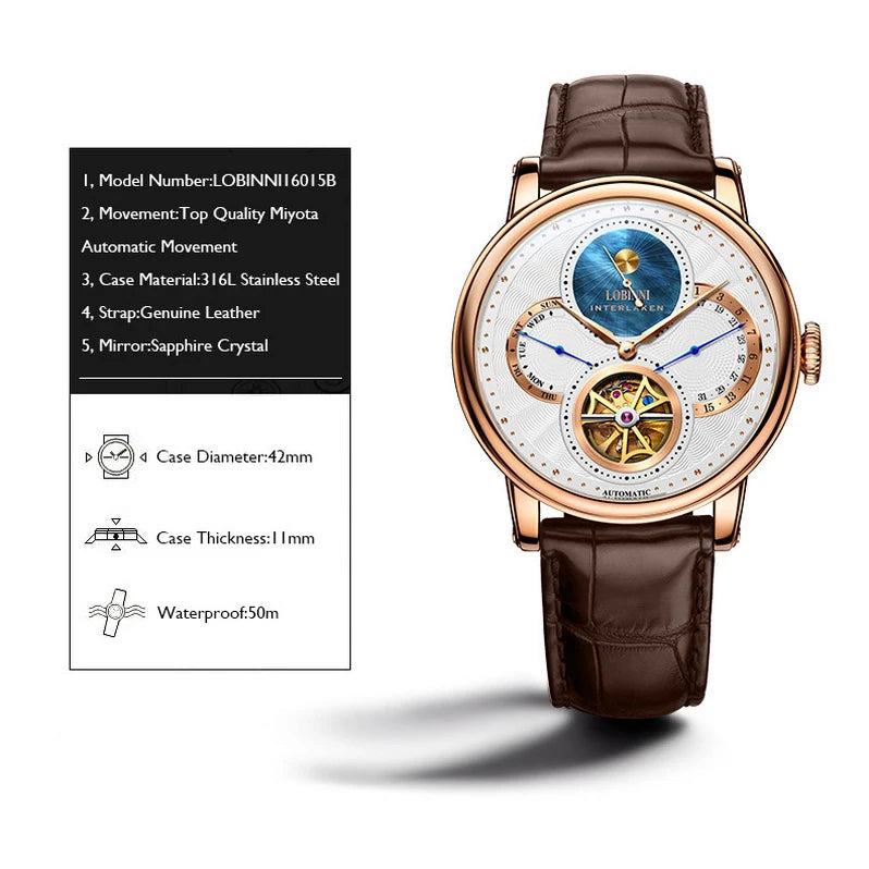 LOBINNI, relojes automáticos para hombre, reloj de lujo para hombre, relojes de pulsera mecánicos con esqueleto, reloj suizo con espejo de zafiro resistente al agua