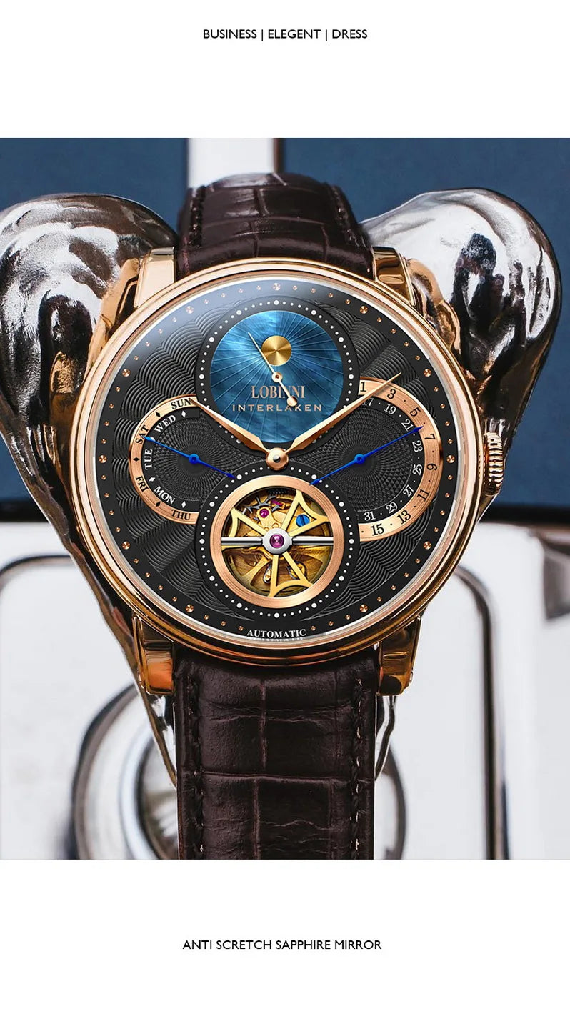 LOBINNI, relojes automáticos para hombre, reloj de lujo para hombre, relojes de pulsera mecánicos con esqueleto, reloj suizo con espejo de zafiro resistente al agua