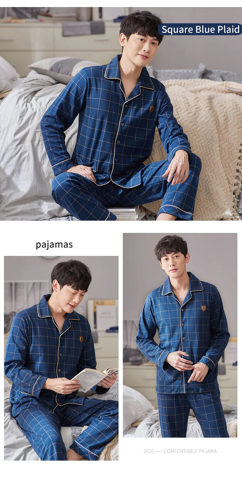 Pijamas de algodón 100% de Invierno para Hombre, ropa de dormir azul, Pijama cálido para Hombre, Pijamas de algodón para Hombre, Pijamas a cuadros de algodón de talla grande