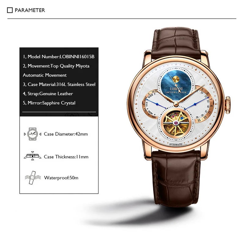 LOBINNI, relojes automáticos para hombre, reloj de lujo para hombre, relojes de pulsera mecánicos con esqueleto, reloj suizo con espejo de zafiro resistente al agua