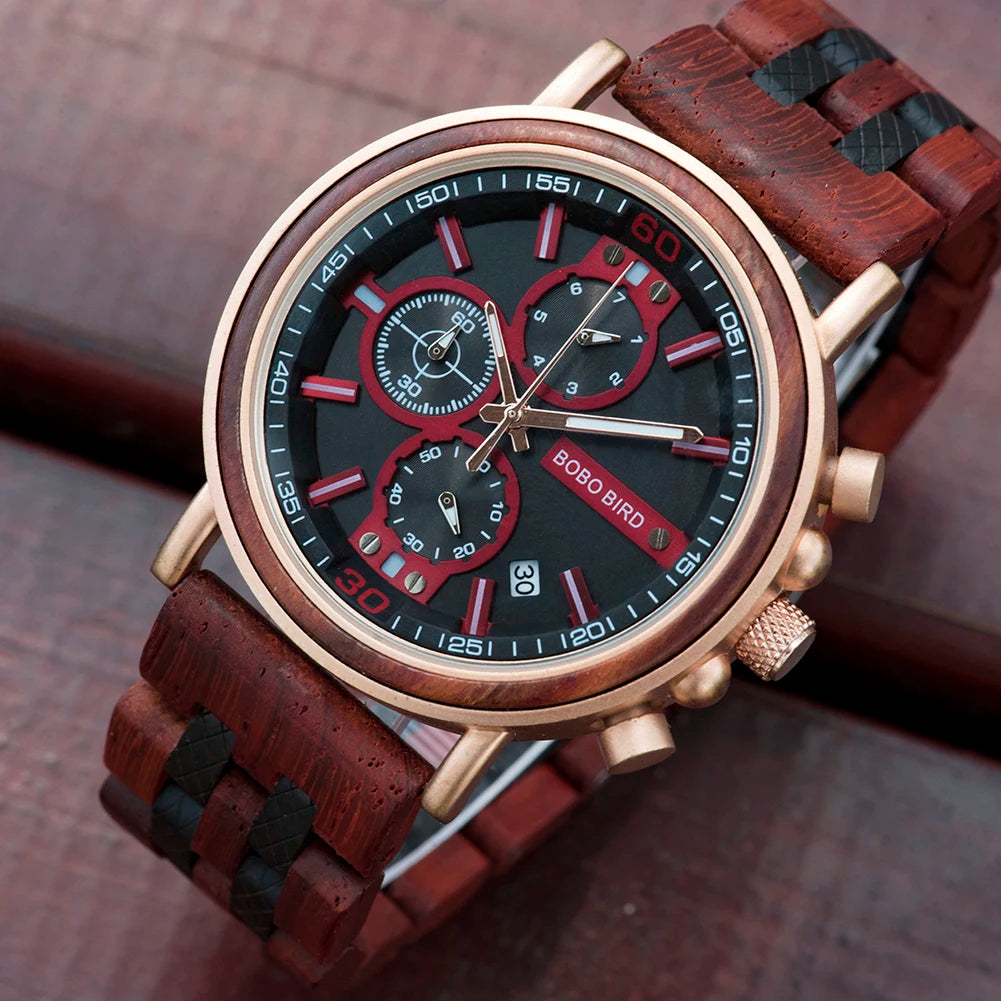 Reloj Masculino BOBO BIRD de madera para hombre, relojes militares con cronógrafo elegante de lujo de marca superior en caja de madera, reloj para hombre