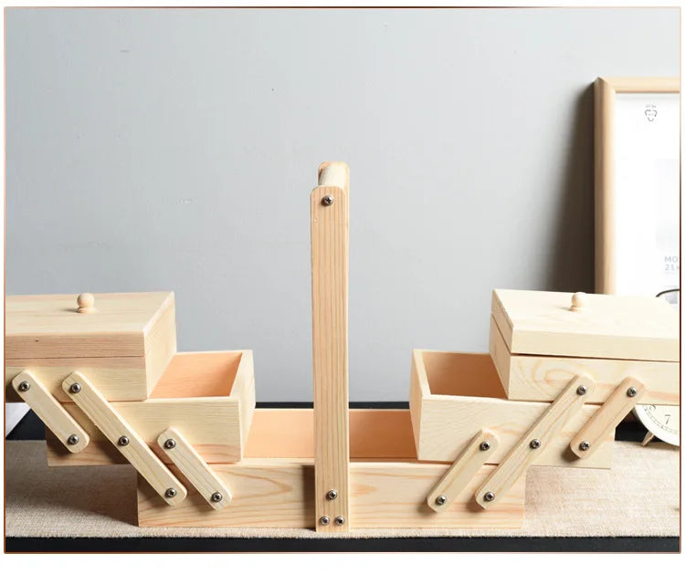 Caja de almacenamiento de costura de madera maciza, organizador multicapa, almacenamiento plegable portátil, solución de clasificación doméstica, diseño conveniente