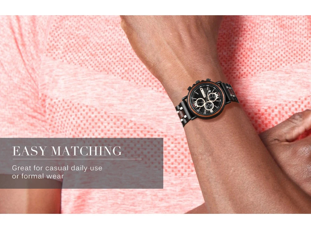 Reloj Masculino BOBO BIRD de madera para hombre, relojes militares con cronógrafo elegante de lujo de marca superior en caja de madera, reloj para hombre