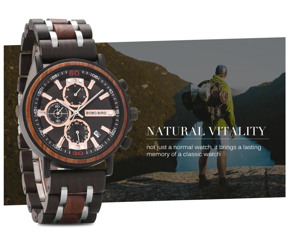 Reloj Masculino BOBO BIRD de madera para hombre, relojes militares con cronógrafo elegante de lujo de marca superior en caja de madera, reloj para hombre