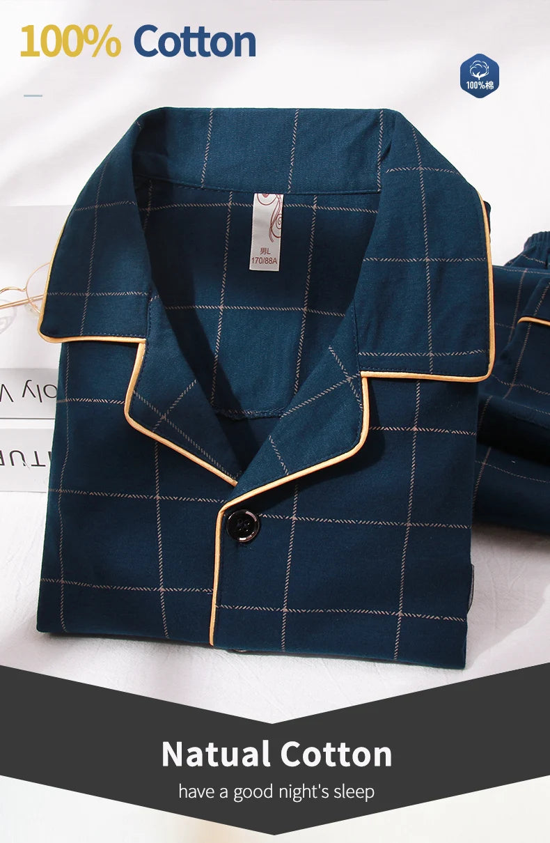 Pijamas de algodón 100% de Invierno para Hombre, ropa de dormir azul, Pijama cálido para Hombre, Pijamas de algodón para Hombre, Pijamas a cuadros de algodón de talla grande