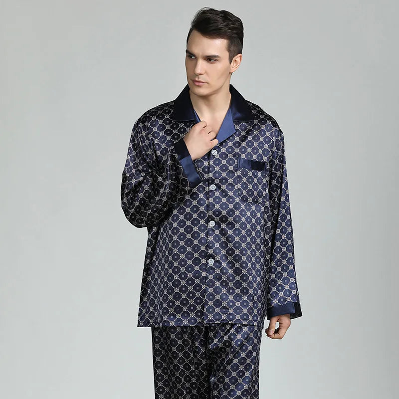 Conjunto de pijama informal para hombre, ropa de dormir con camisa y pantalones de satén de seda sintética, suave, lencería íntima, 2 uds.