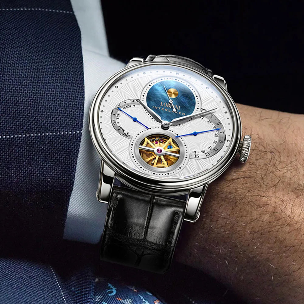 LOBINNI, relojes automáticos para hombre, reloj de lujo para hombre, relojes de pulsera mecánicos con esqueleto, reloj suizo con espejo de zafiro resistente al agua