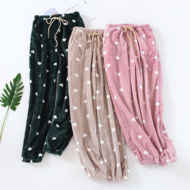 Pijamas de invierno, pantalones de Casa para mujer, pantalones elásticos, Pijamas holgados y cálidos y gruesos, pantalones, ropa de dormir estampada, ropa de dormir de otoño