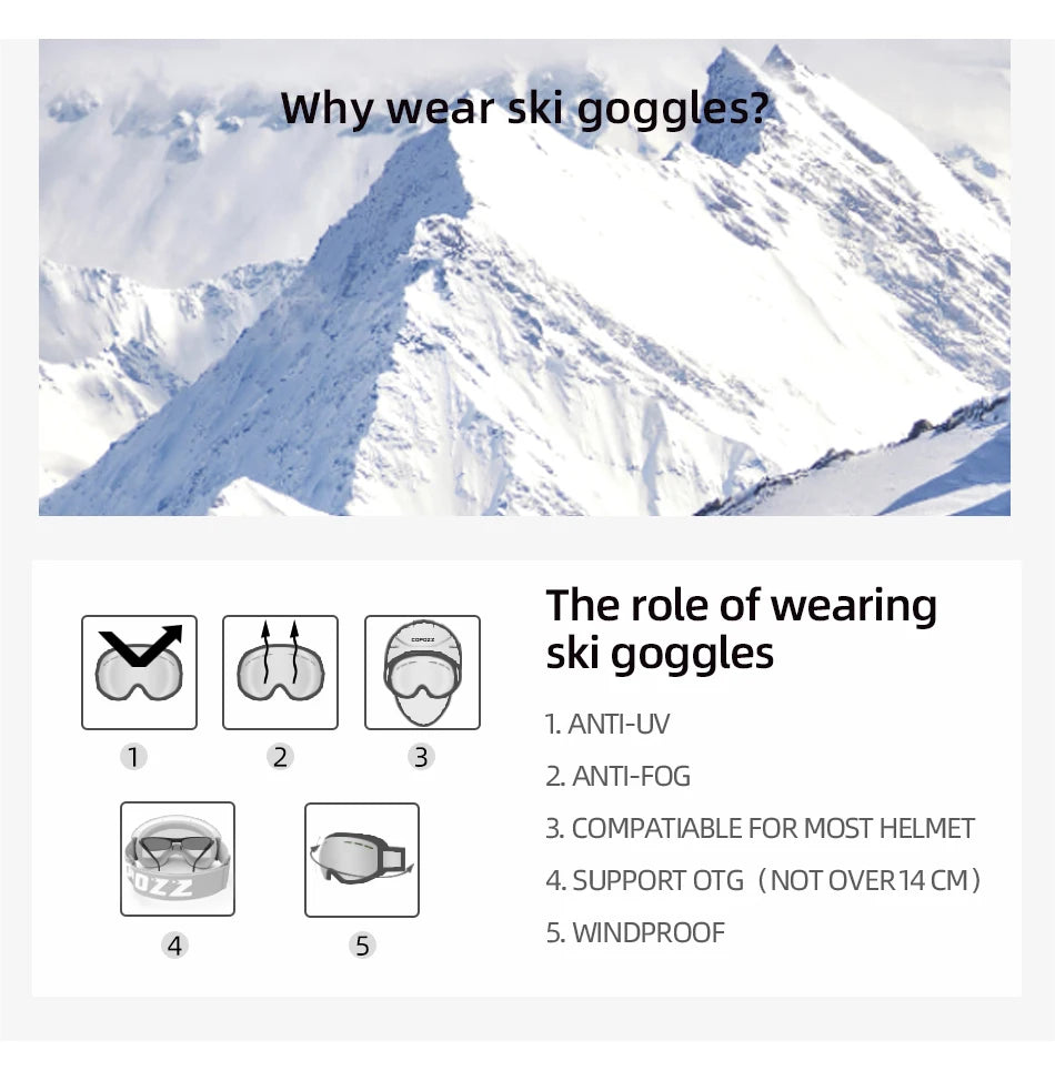 Marca COPOZZ, gafas de esquí profesionales, lentes de doble capa, antiniebla UV400, gafas de esquí grandes, esquí, Snowboard, hombres y mujeres, gafas de nieve