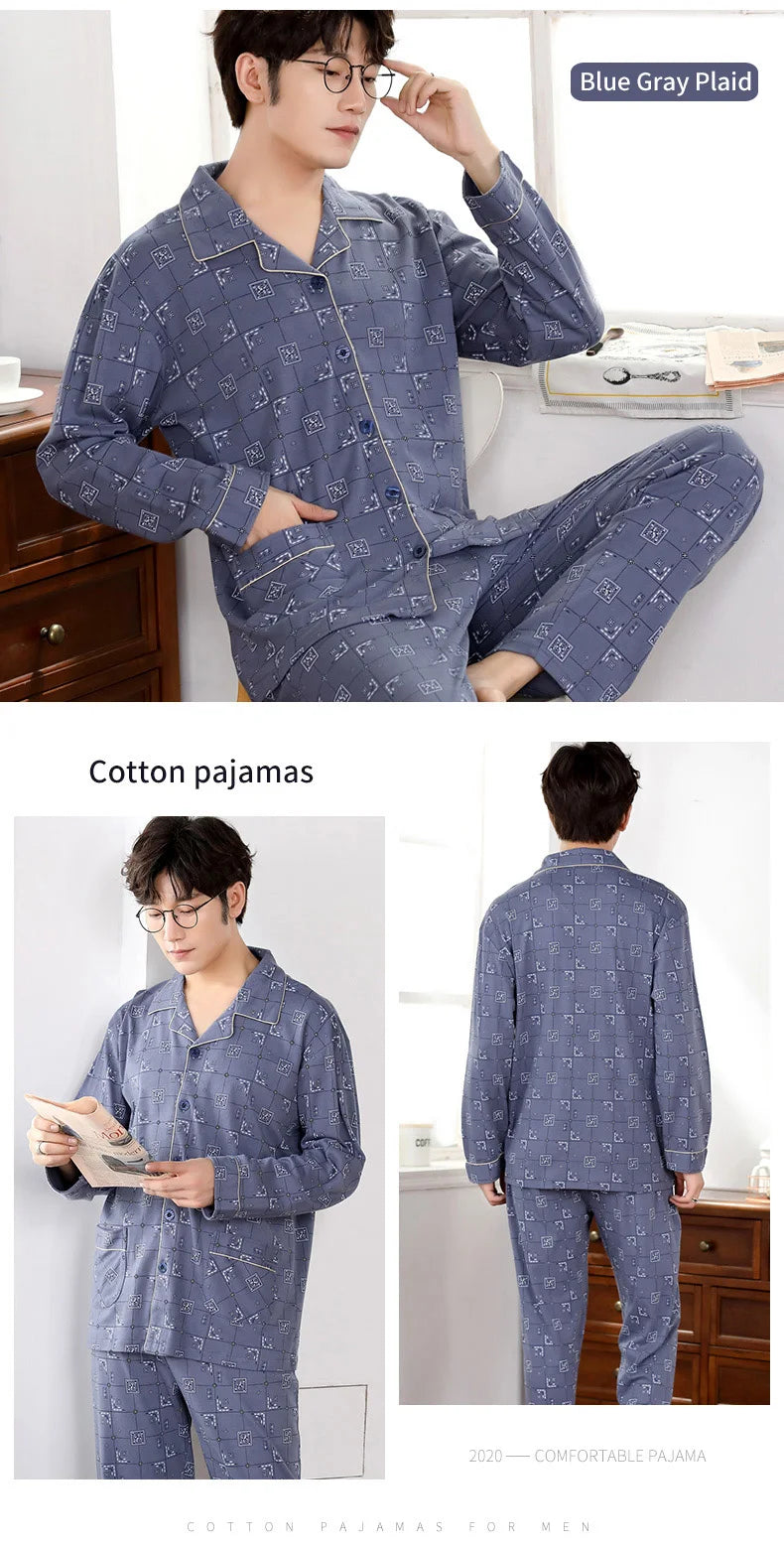 Pijamas de algodón 100% de Invierno para Hombre, ropa de dormir azul, Pijama cálido para Hombre, Pijamas de algodón para Hombre, Pijamas a cuadros de algodón de talla grande