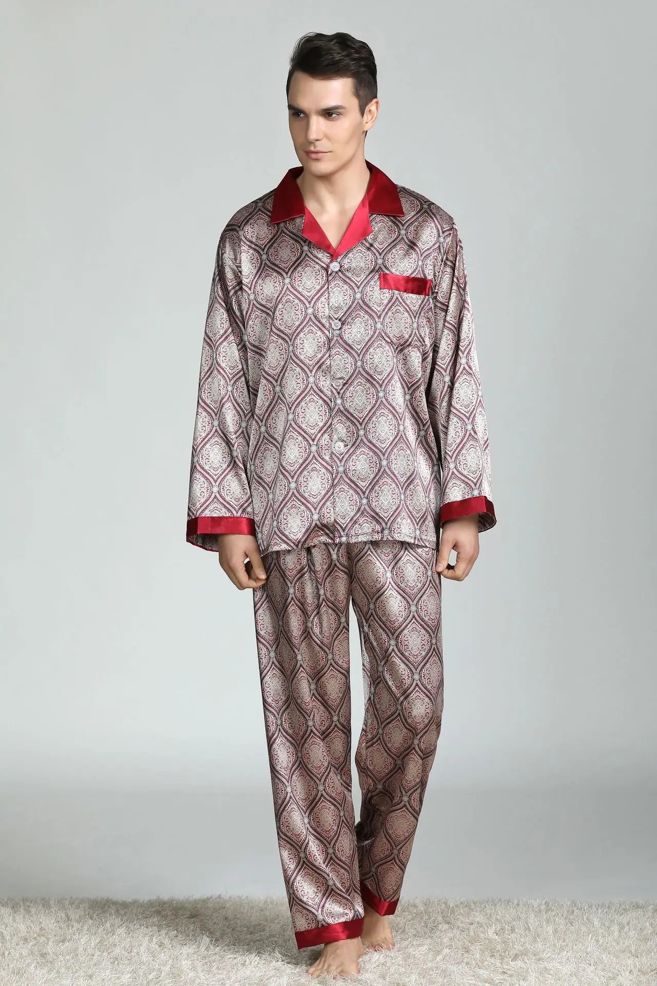 Conjunto de pijama informal para hombre, ropa de dormir con camisa y pantalones de satén de seda sintética, suave, lencería íntima, 2 uds.