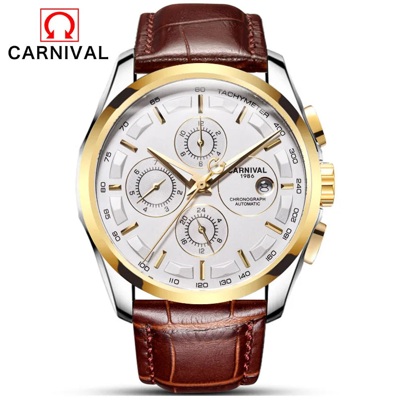Reloj Mecánico de negocios para hombre, cronógrafo automático con correa de cuero, resistente al agua, marca lujosa, Carnaval, nuevo