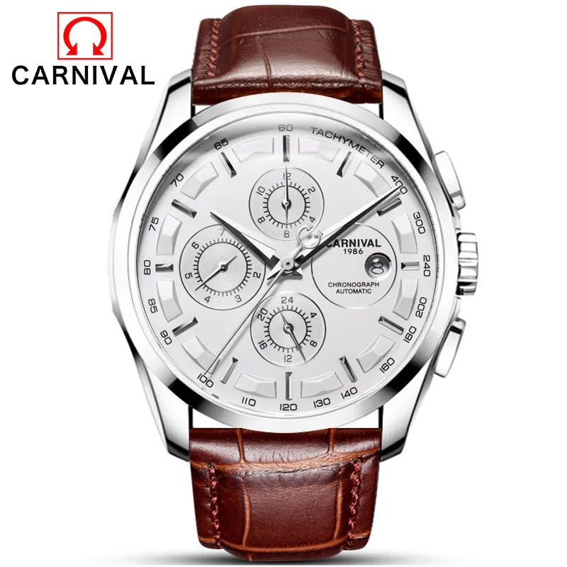 Reloj Mecánico de negocios para hombre, cronógrafo automático con correa de cuero, resistente al agua, marca lujosa, Carnaval, nuevo