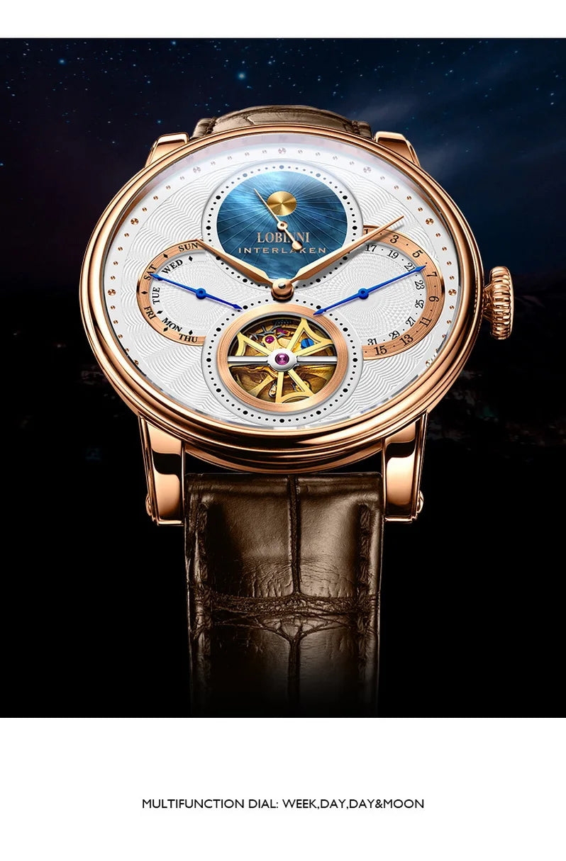 LOBINNI, relojes automáticos para hombre, reloj de lujo para hombre, relojes de pulsera mecánicos con esqueleto, reloj suizo con espejo de zafiro resistente al agua